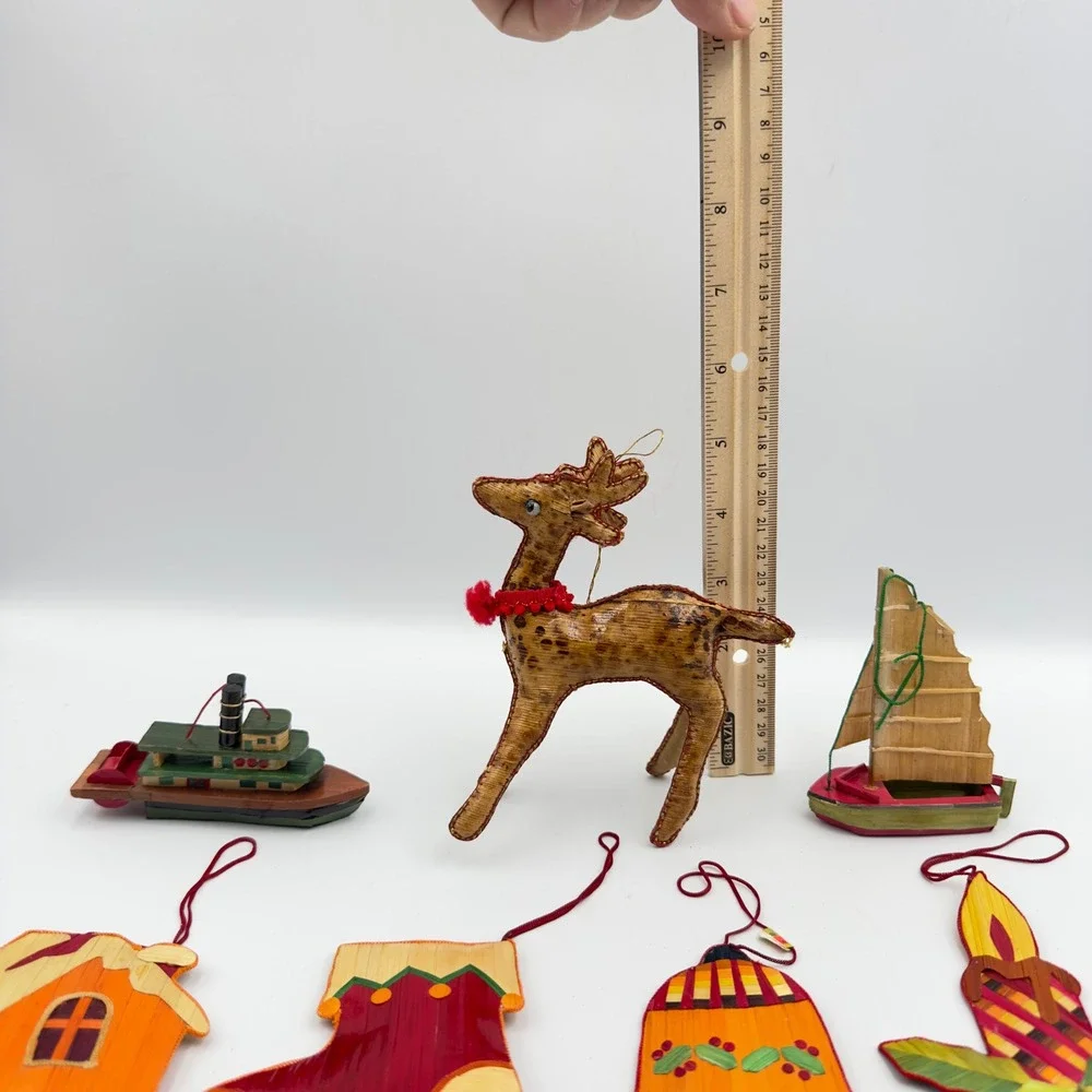 Vintage Straw Wood‎ Christmas Ornaments Set 10 Reindeer Santa Angel Folk Art